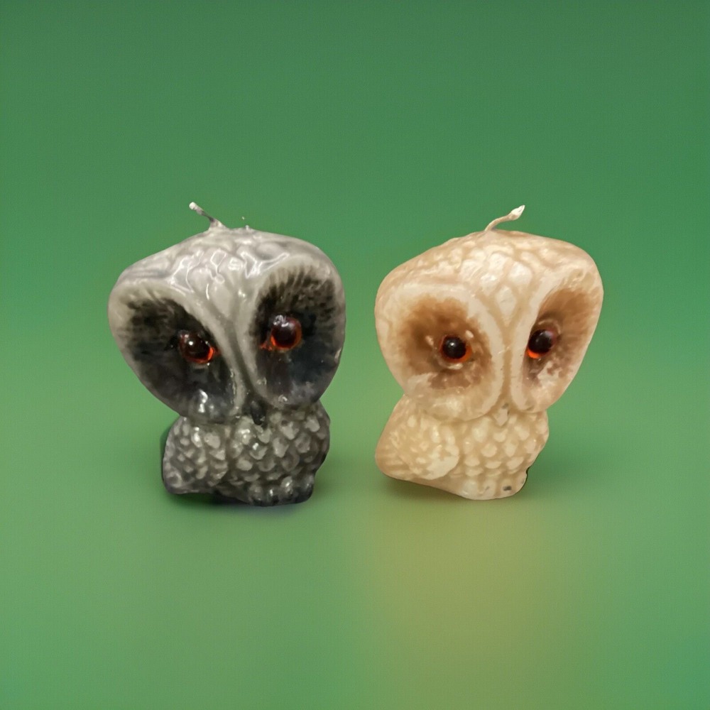 Vintage Pair Candles Wax Owls Gray Tan 3.25" Tall Rustic Decorative Decor